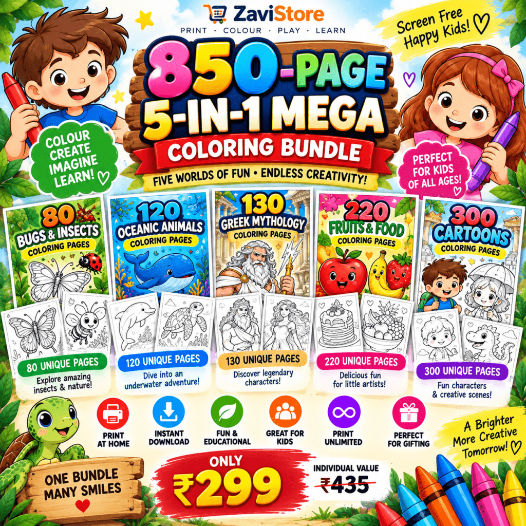 850-Pages 5-in-1 Mega Coloring Bundle